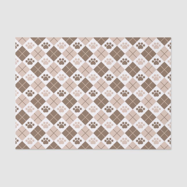 Brown and Tan Argyle Paw Print Pattern Tissue Paper (Front)