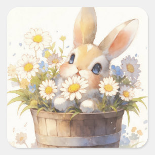 Brown and Tan Bunny Rabbit in Wooden Bucket Square Sticker