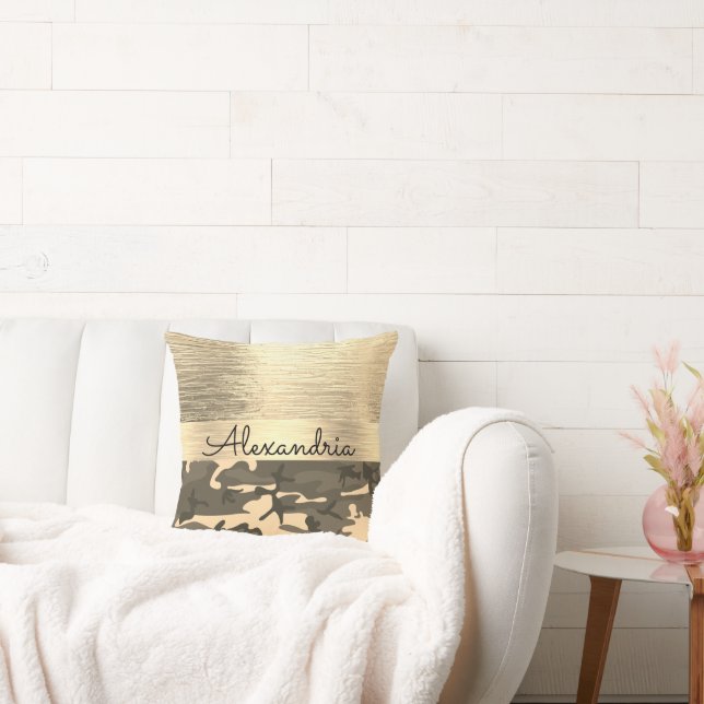 Brown and Tan Camo Shimmery Gold Throw Pillow (Couch)