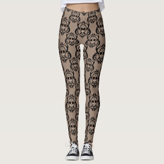 brown and tan cartoon skull damask print leggings (Front)