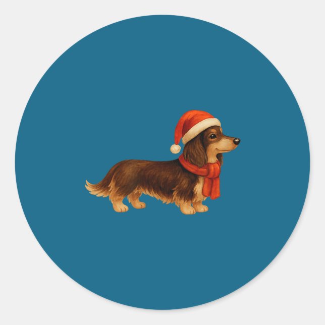 Brown And Tan Christmas Dachshund Santa Hat  Classic Round Sticker (Front)
