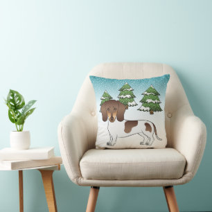 Brown And Tan Pied Short Hair Dachshund In Winter Throw Pillow
