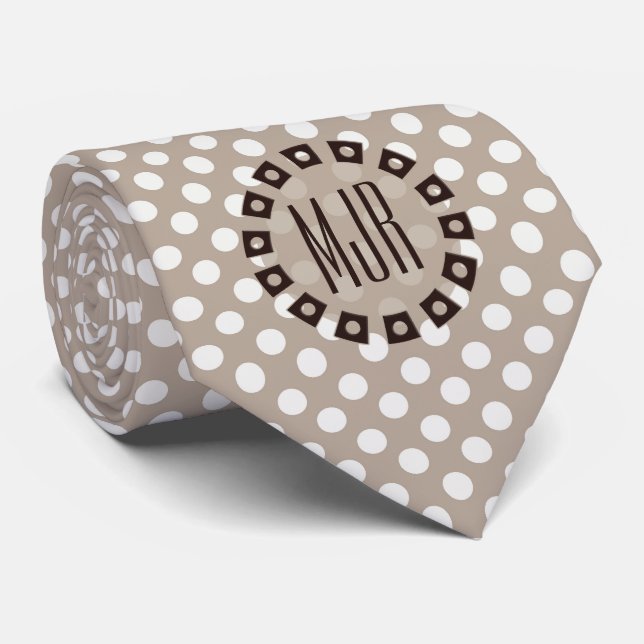 Brown and Taupe Polka Dot with Monogram Tie (Rolled)