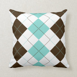 Brown and Teal Blue Chequered Patterns Throw Pillow