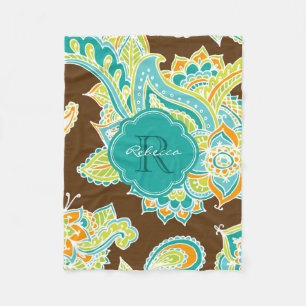 Brown and Teal Boho Paisley Monogrammed Fleece Blanket
