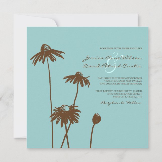 Brown and Teal Chic Flower Wedding Invitation (Front)