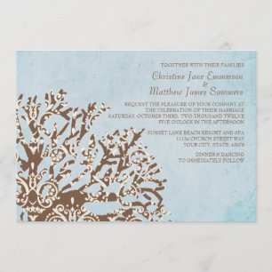 Brown and Teal Coral Beach Wedding Invitations