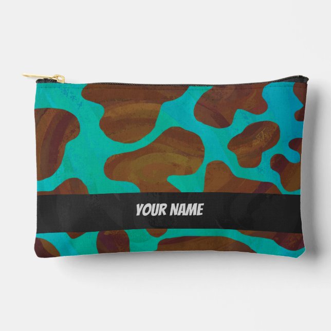 Brown and Teal Cow Pattern Accessory Pouch (Front)