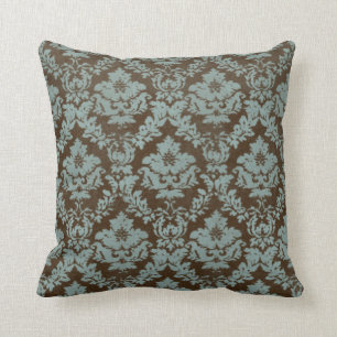 Brown and Teal Distressed 'Damask' Throw Pillow