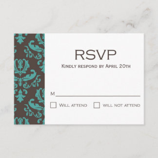 Brown and Teal Floral Damask RSVP Card