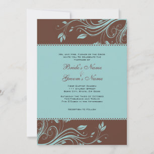 Brown and Teal Floral Swirls Wedding Invitation