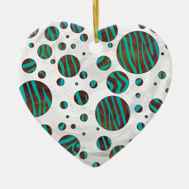 Brown and Teal Polka Dot Zebra Ceramic Ornament (Front)