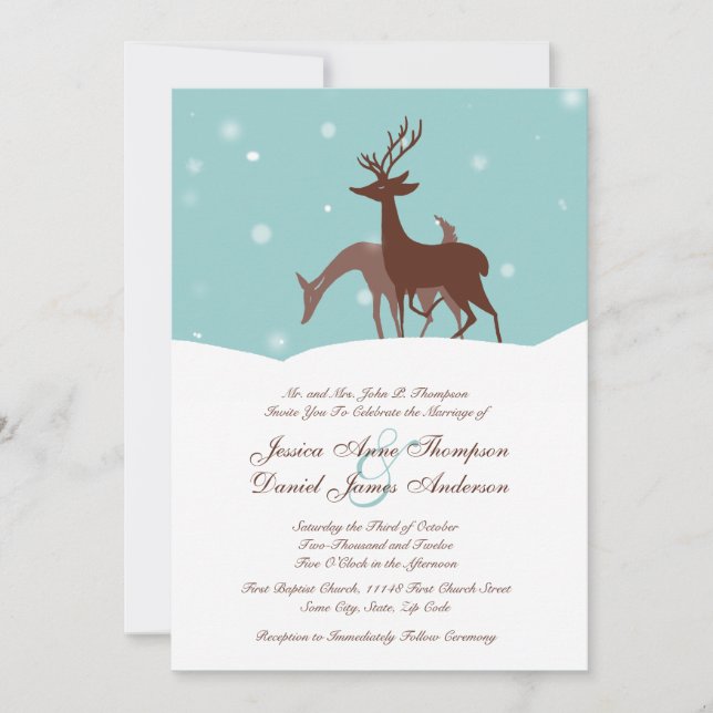Brown and Teal Winter Deer Wedding Invitation (Front)