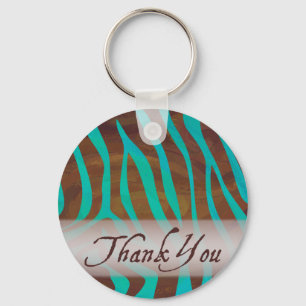 Brown and Teal Zebra Pattern Thank You Keychain