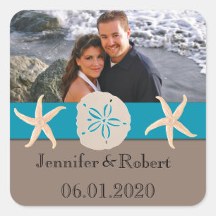 Brown and Turquoise Band Starfish and Sand Dollar Square Sticker