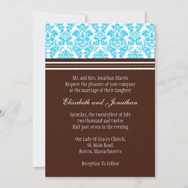 Brown and Turquoise Damask Wedding Invitation (Front)
