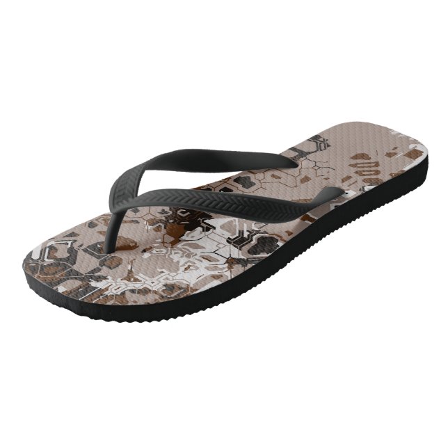 brown and white abstract flip flops (Angled)