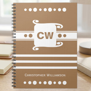 Brown and white add initials name striped notebook
