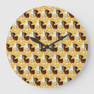 Brown And White Alpacas With Cactus Flowers, Large Clock