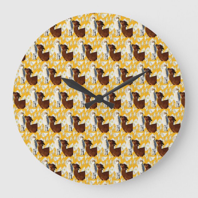 Brown And White Alpacas With Cactus Flowers, Large Clock (Front)