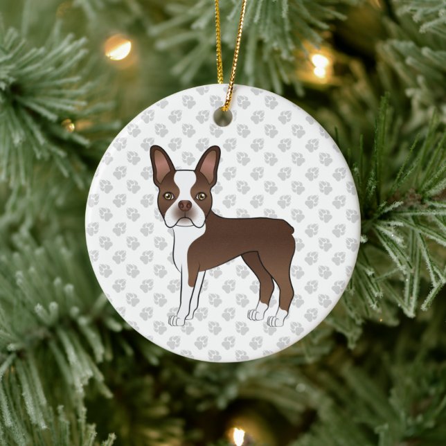 Brown And White Boston Terrier Cartoon Dog & Paws Ceramic Ornament (Tree)
