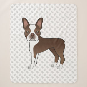 Brown And White Boston Terrier Cartoon Dog & Paws Sherpa Blanket