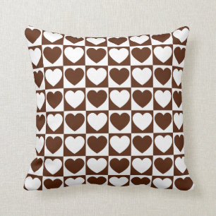 Brown and White Checkered Pattern With Hearts Throw Pillow