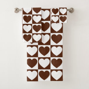 Brown and White Chequered Pattern With Hearts Bath Towel Set