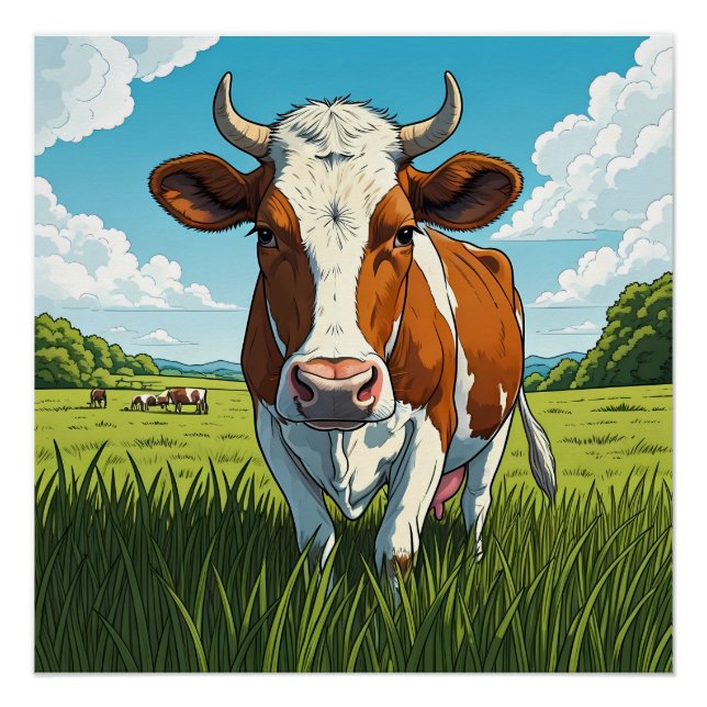 Brown and white Cow standing in a field of grass Poster (Front)