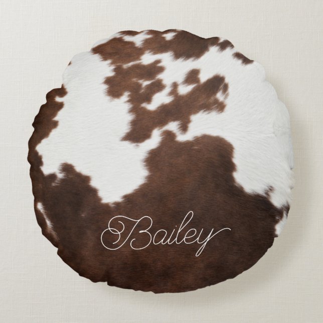 Brown and White Cowhide Round Pillow (Front)