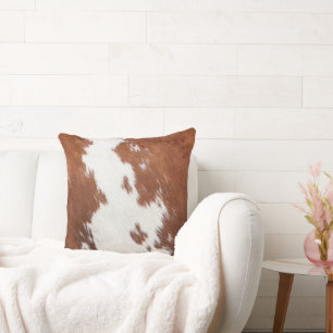 Brown and white cowhide texture throw pillow