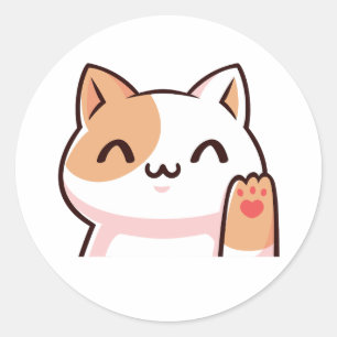 Brown and White Cute Waving Cat Sticker