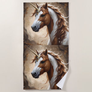 Brown And White Fantasy Unicorn,  Beach Towel