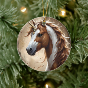 Brown And White Fantasy Unicorn,  Ceramic Ornament