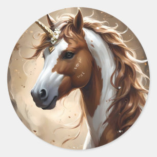Brown And White Fantasy Unicorn,  Classic Round Sticker