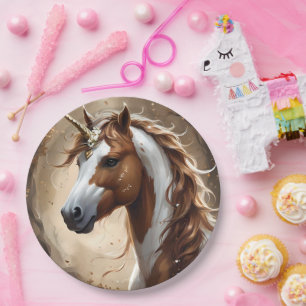 Brown And White Fantasy Unicorn,  Paper Plate