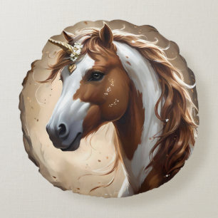 Brown And White Fantasy Unicorn,  Round Pillow