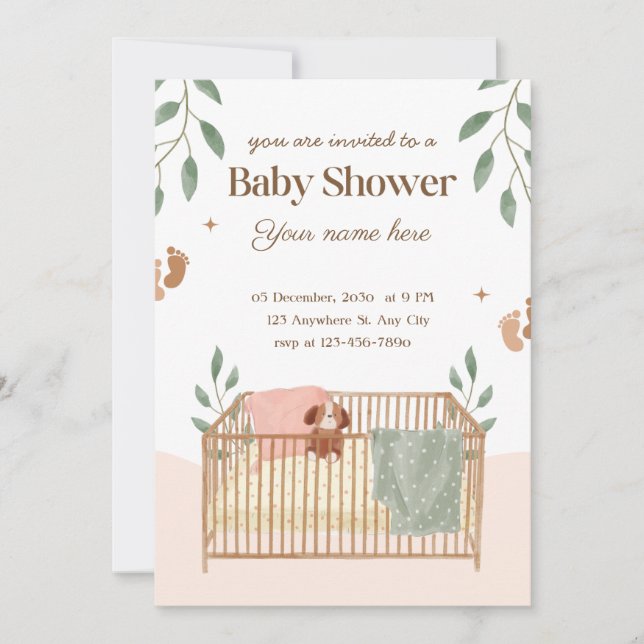 Brown and white floral babay shower invitations (Front)