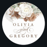 Brown and White Flowers Pampas Grass Wedding Classic Round Sticker<br><div class="desc">Pampas grass floral white brown wedding stickers</div>