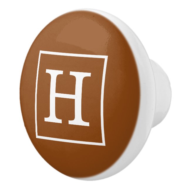 Brown and White Framed Initial Monogram <br> </br> Ceramic Knob (Right)