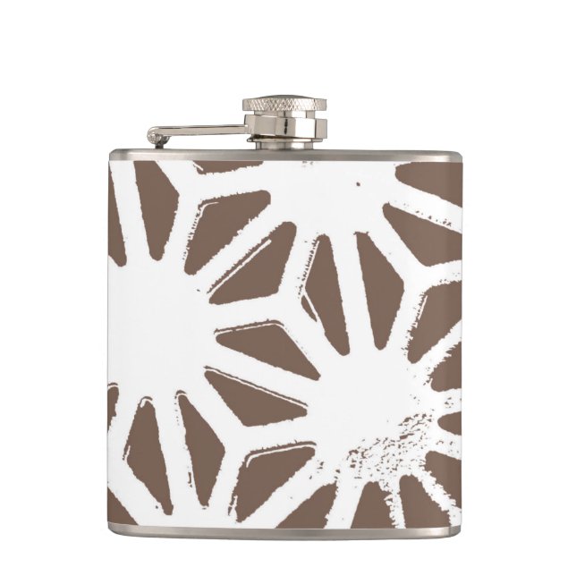 Brown and white geometric pattern hip flask (Front)