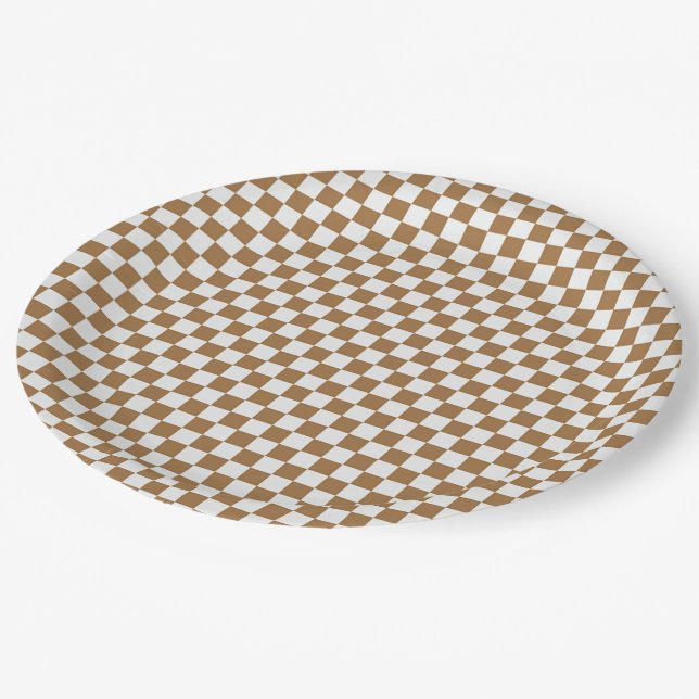 Brown And White Gingham Chequered Paper Plate (Angled)