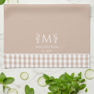 Brown and White Gingham Custom Name Monogram Kitchen Towel