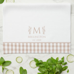 Brown and White Gingham Custom Name Monogram Kitchen Towel