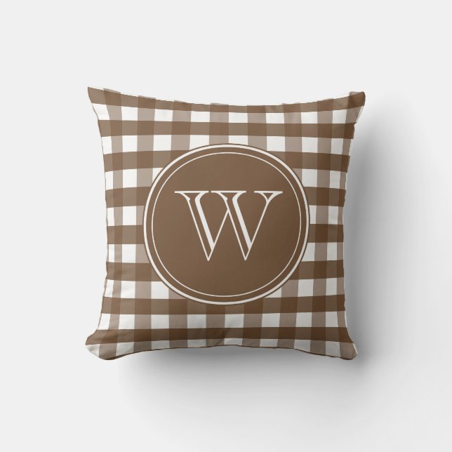 Brown and White Gingham Monogram Throw Pillow (Front)