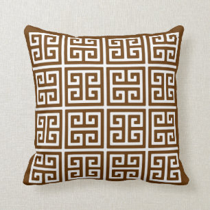 Brown And White Greek Key Pattern Throw Pillow