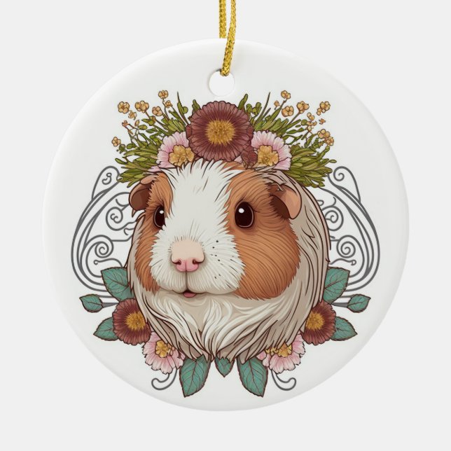 Brown and White Guinea Pig and Flowers Ceramic Orn Ceramic Ornament (Front)
