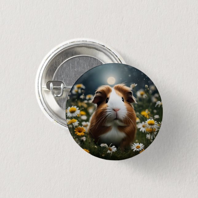 Brown And White Guinea Pig Moon And Daisies, 1 Inch Round Button (Front & Back)