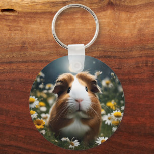 Brown And White Guinea Pig Moon And Daisies, Keychain