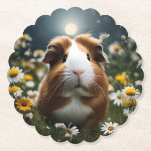 Brown And White Guinea Pig Moon And Daisies, Paper Coaster
